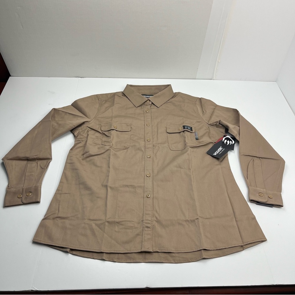 Wolverine FR Utility Women Twill Khaki Button Down Shirt Long Sleeve Size XL NEW